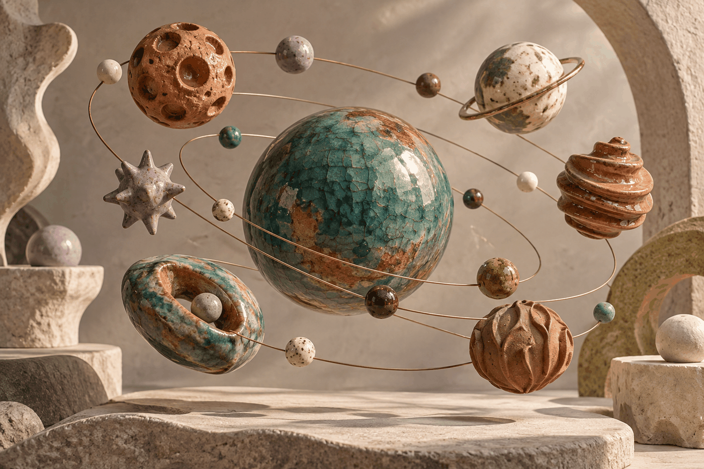 Sculptural glazed planets orbiting a central sphere