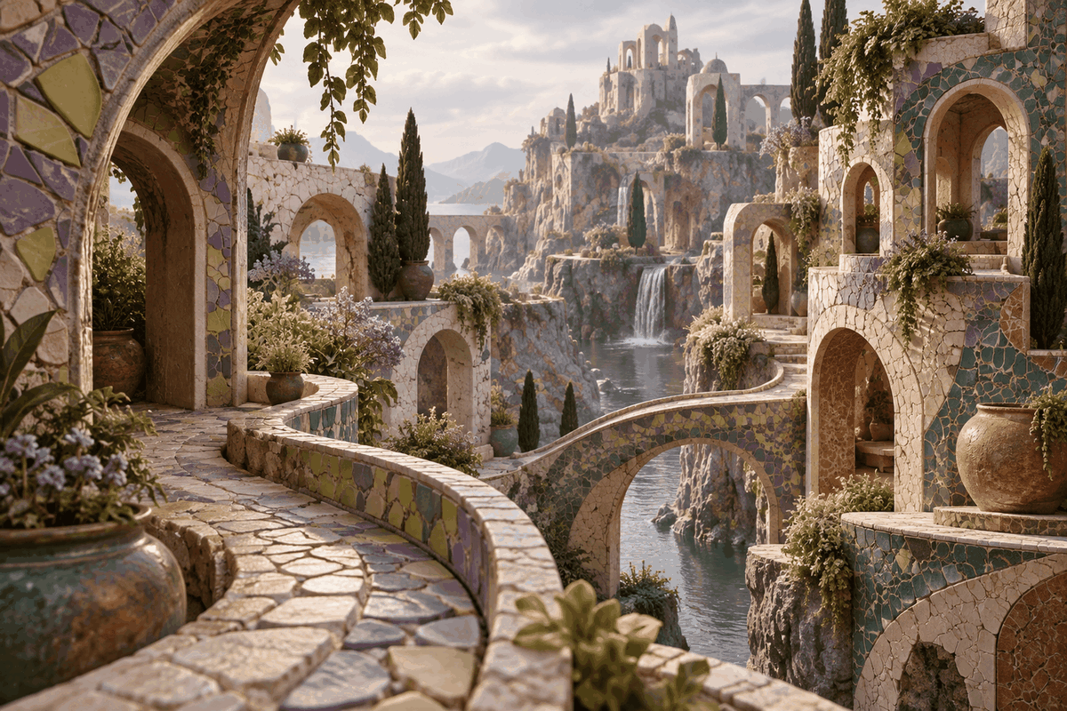 A quiet mosaic landscape with arches and lilac-green paths