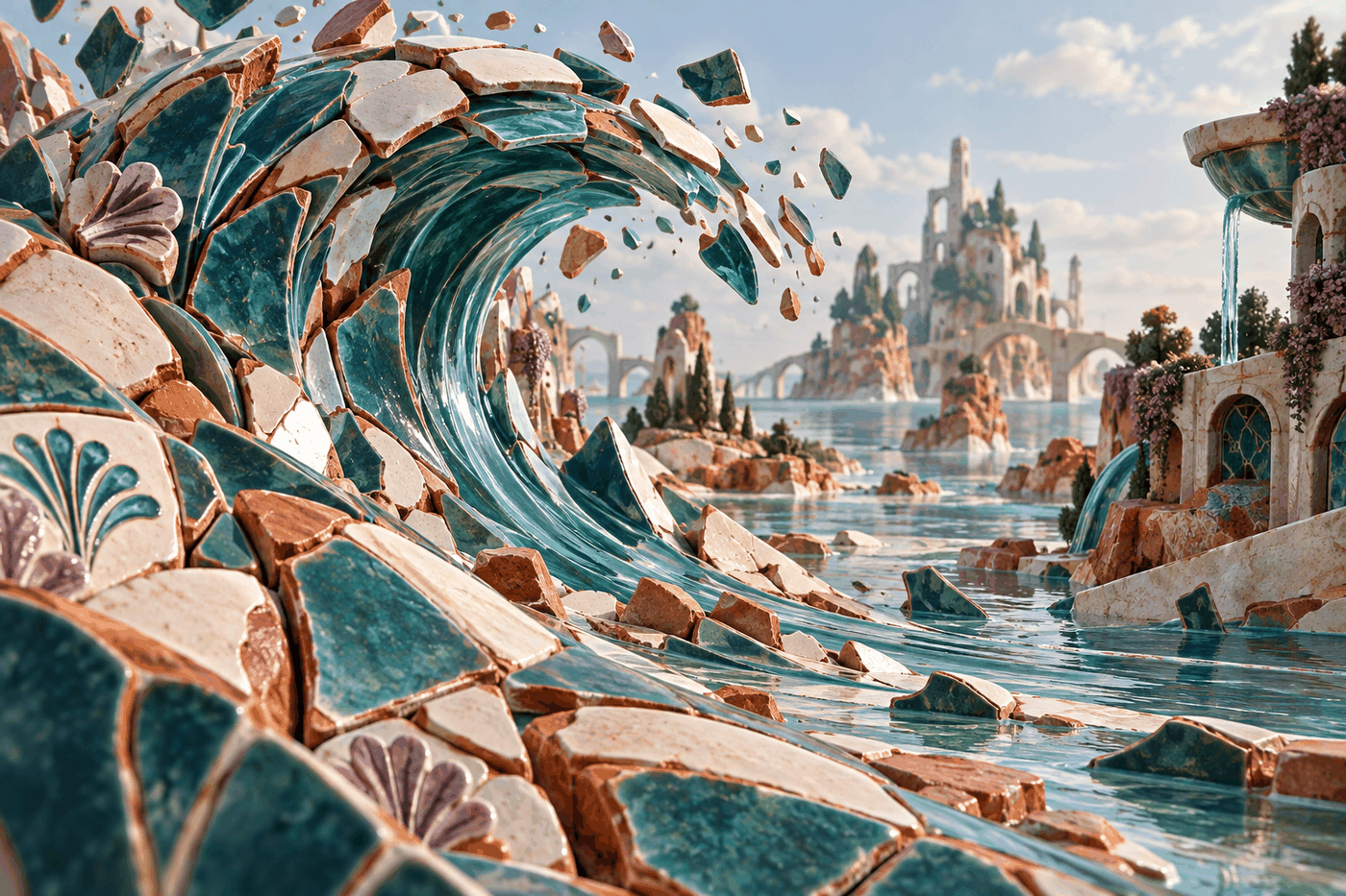 A teal ceramic wave curling through an imagined landscape